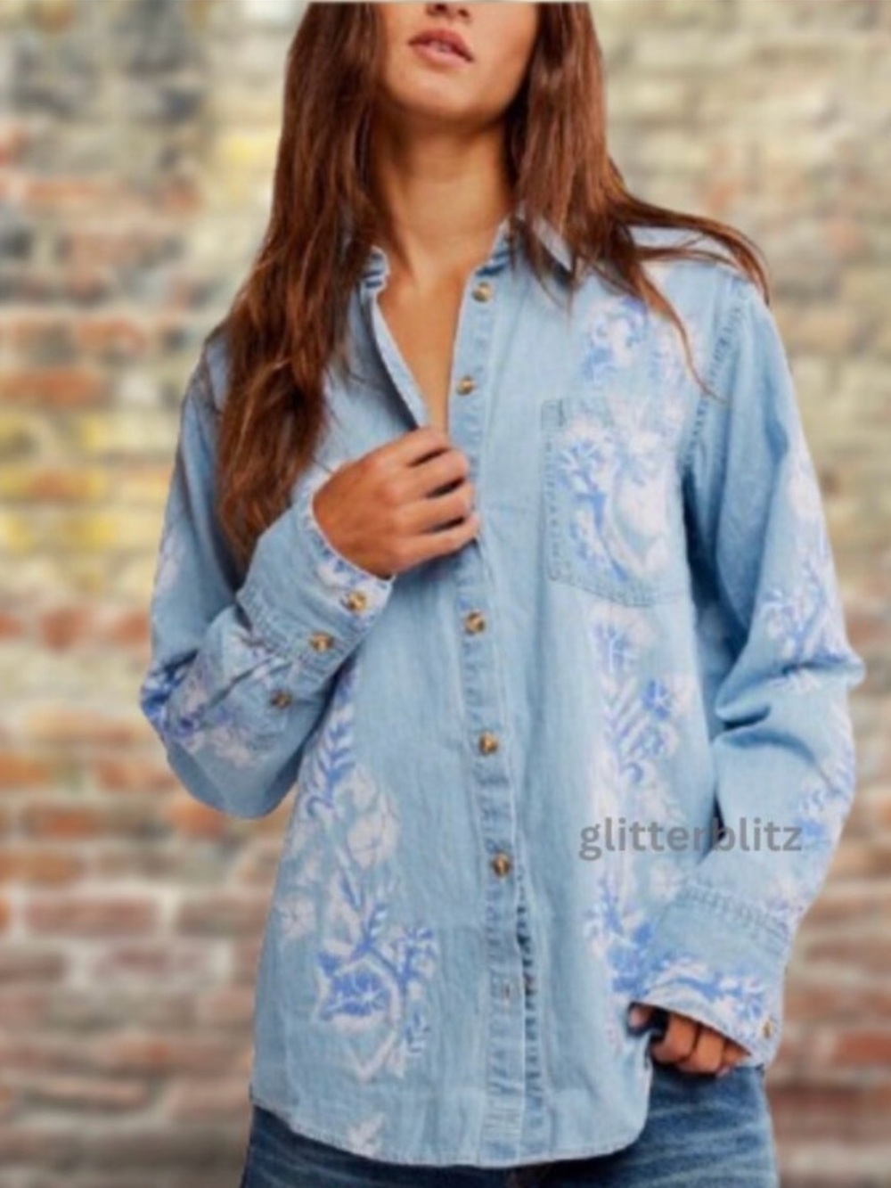 FREE PEOPLE Airbrushed Blossom Denim Shirt